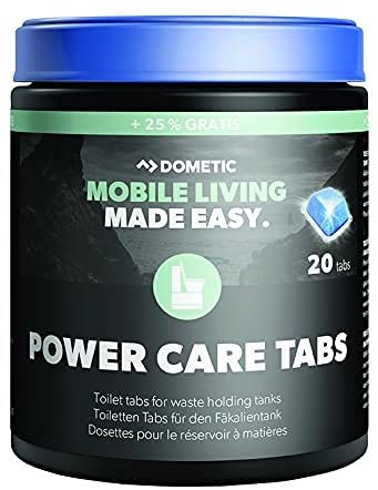 Dometi 20 und Pastillas PowerCare - Aditivo para el tanque de aguas negras, Sucias, ayuda a la disolución de los residuos, blue tab, para barcos, caravanas, autocaravanas, camper.
