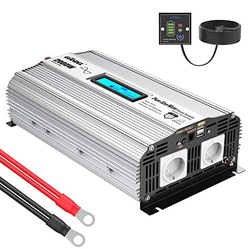 GIANDEL Inversor de corriente sinusoidal pura de 2000 W, CC 12 V a CA 230 V, inversor de tensión con doble puerto USB de 2,4 A y mando a distancia y pantalla LCD para camiones autocaravanas