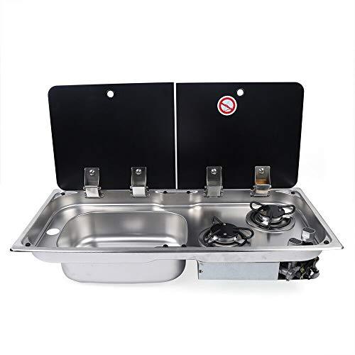 Hornillo de gas, 2 fuegos, hornillo de camping, fregadero combinado con tapa de cristal y Faucet, cocina portátil de gas para autocaravana