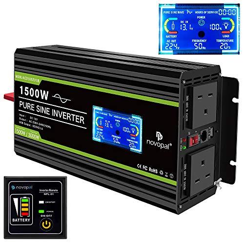 Novopal Inversor de onda sinusoidal pura de 1500 W, 12 V a 230 V, 240 V, inversor de corriente con pantalla LCD, 2 salidas AC y puerto USB, control remoto para autocaravanas, hogar, furgoneta