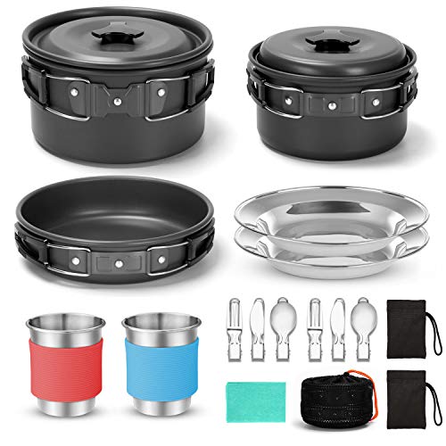 Odoland Juego de Utensilios de Cocina para Camping, Ollas y Sartenes de Acampada con Copas Platos Cubiertos Plegables para Acampar, Mochilero, Cocina al Aire Libre y Picnic