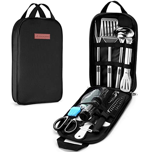 Odoland Kit Utensilios de Cocina para Barbacoa y Camping 14 Piezas, Accesorios Camping y Barbacoa de Acero Inoxidable Duradero con Bolsa, Set Vajilla para Camping Camper Furgoneta Tienda Cocina