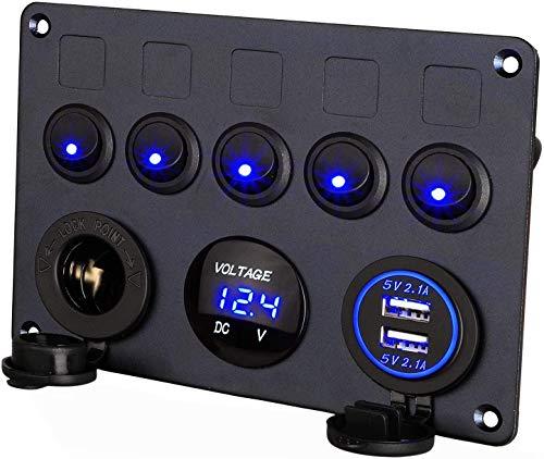 Thlevel Marina Panel de Interruptors con 5pcs Interruptor Basculante, Cargador Dual USB, Voltímetro LED Digital y Encendedor de Cigarrillos, para 12V / 24V Coche, Barco, Marina, Camiones, Campista