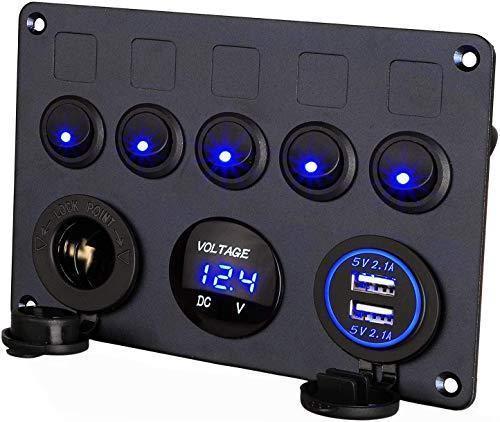 Thlevel Marina Panel de Interruptors con 5pcs Interruptor Basculante, Cargador Dual USB, Voltímetro LED Digital y Encendedor de Cigarrillos, para 12V / 24V Coche, Barco, Marina, Camiones, Campista