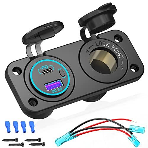 Toma USB 12V: Qidoe 300W Toma de Mechero con USB Tipo C 20W PD3.0 Cargador USB Coche Alargador Empotrable Impermeable QC 3.0 Interruptor LED 24V Autocaravana Cámper Moto Barco Caravana Camión Tractor