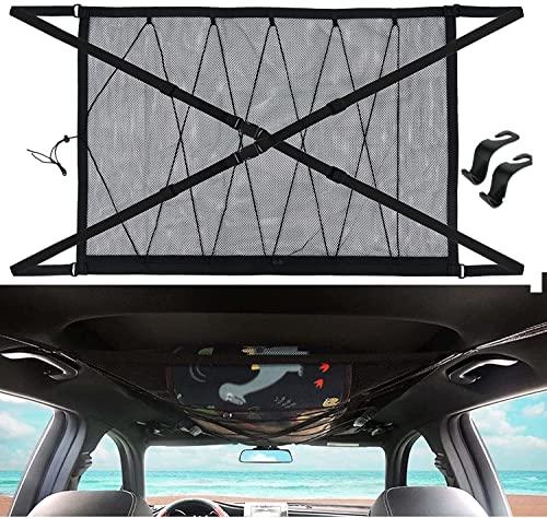 Bibykivn Red Almacenamiento para Techo de Coche,90 * 65cm Red Techo Furgoneta Camper, Organizador Bolsa de Carga con Cinturón Cruzado,prevenir la Flacidez,para Coches con Cuatro Apoyabrazos