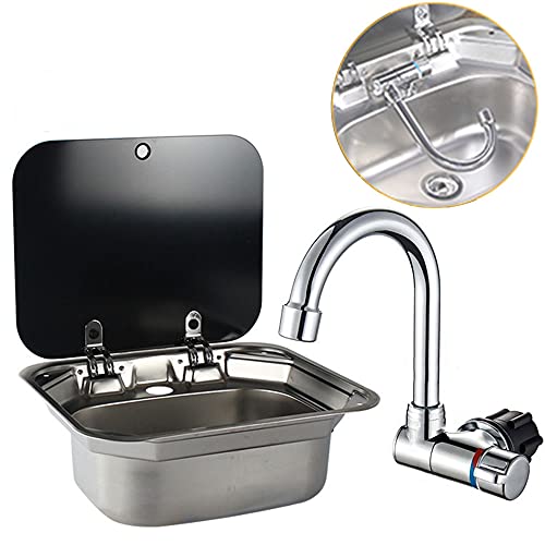 DALUOBO Fregadero de lavabo rectangular con tapa para lavamanos de acero inoxidable, apto para RV, caravana,cocina, fregadero de acero inoxidable, 41,9 x 36,3 x 16 cm (with faucet U)