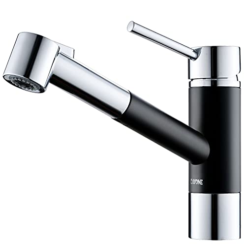 DAYONE grifo de cocina moderno con ducha extraíble para autocaravanas, grifo monomando para fregadero de barra, negro mate y cromo pulido