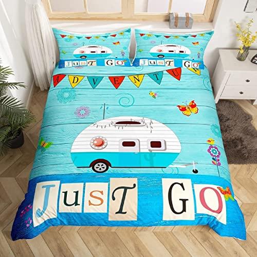 Funda Nórdica Cama 90 Viajes en Autocaravana 3D, Ropa de Cama Cremallera Microfibra Patrón de Dibujos Animados Juego de Cama Funda de Edredón 135x200 cm y 2 Funda de Almohada