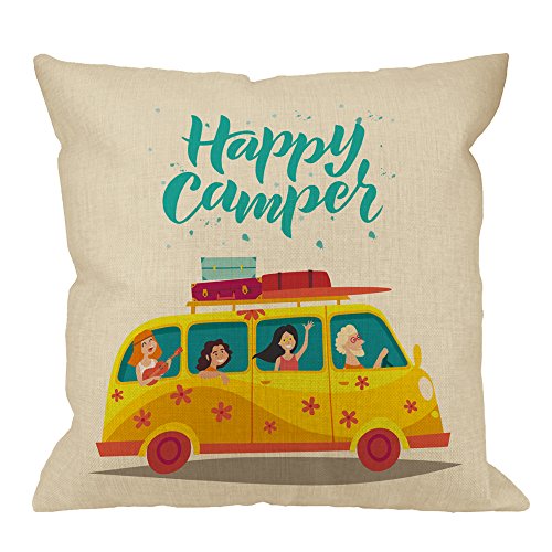 Happy Camper - Fundas de almohada decorativas para autobús con gente feliz viajando hippie en autocaravana autobús, fundas de almohada para cuna, 45 cm x 45 cm