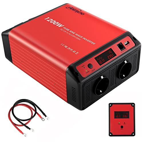 Hoenjuno Inversor de corriente sinusal puro para coche, 1200 W, 12 V a 230 V, con enchufe de 2 UE, puerto USB de 2,4 A y control remoto de 4,5 metros para autocaravana, camión y coche
