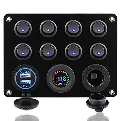 KAOLALI Panel de Interruptores Basculantes Interruptor de Palanca con 8 Interruptores+Toma de Mechero12V+LED Voltimetro+4,2A Doble Cargador USB para Campera Furgoneta Caravanas Autocaravanas Barcos