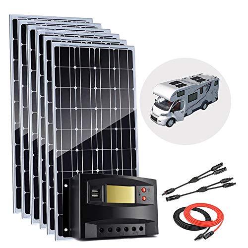 Kit de caravana de panel solar monocristalino de 720 W, 12 voltios, sistema fuera de la red con controlador de carga LCD PWM de 60 A, conectores MC4/cables solares para carga de batería de 12 V/24 V