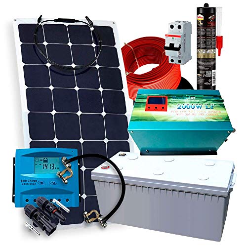 Kit Solar PlusEnergy 12V + 1 Panel Solar Flexible 150W + Inversor Cargador 2.000W 35Ah + Batería AGM 150Ah