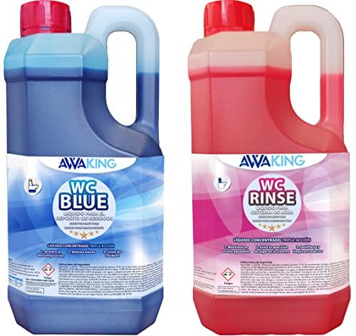 Liquido WC Quimico Caravana WC Blue 2L + Rinse 2L,Liquido Autocaravanas Aditivo Aguas Negras + Concentrado Taza WC Cisterna,Caravanas,Depósito Residuos Autocaravanas,Sanitary Fluid,Líquido Potty