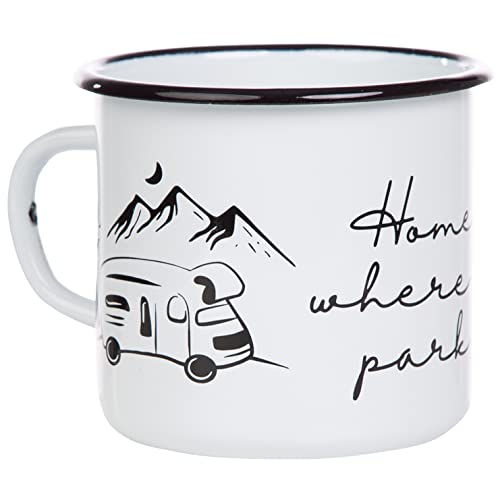 Mugsy Taza de esmalte con texto en inglés «Home is where you park it – blanco, 330 ml, taza esmaltada irrompible, autocaravana