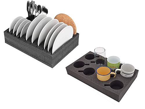 Set de camping: Soporte para tazas de cristal con espacio para hasta 8 unidades/soporte de espuma para platos y cubiertos - Muy ligero y robusto - Para campamentos, caravanas y barcos