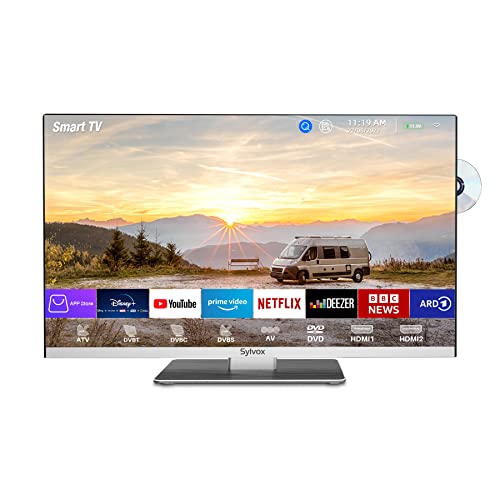 SYLVOX Smart TV 22", TV 12V para Autocaravana, TV con Reproductor de DVD, 12V/24V/240V Televisor Diseño sin Marco 1080P FHD, DVB-C/S2/T2, WiFi, Bluetooth, Ideal para Casa Caravana Barco Camione