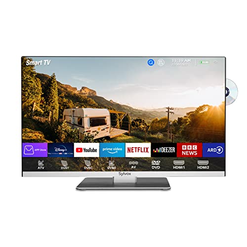 SYLVOX Smart TV 24", TV 12V para Autocaravana, TV con Reproductor de DVD, 12V/24V/240V Televisor Diseño sin Marco 1080P FHD, DVB-C/S2/T2, WiFi, Bluetooth, Ideal para Casa Caravana Barco Camione