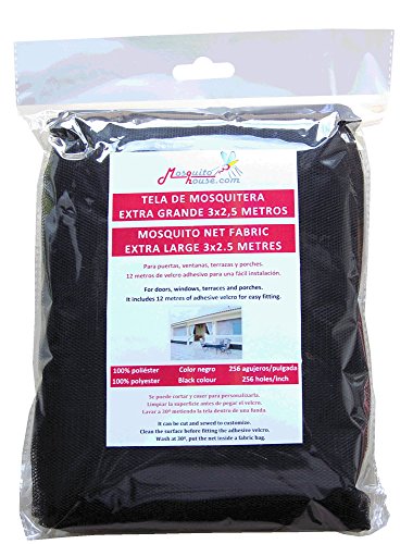Tela de mosquitera Negra de 3 Metros x 2,50 Metros. Incluye 4 Cintas Adhesivas Macho de 3 Metros x 2 cm de Color Negro. Tela de mosquitera para Ventanas, Puertas, terrazas, caravanas