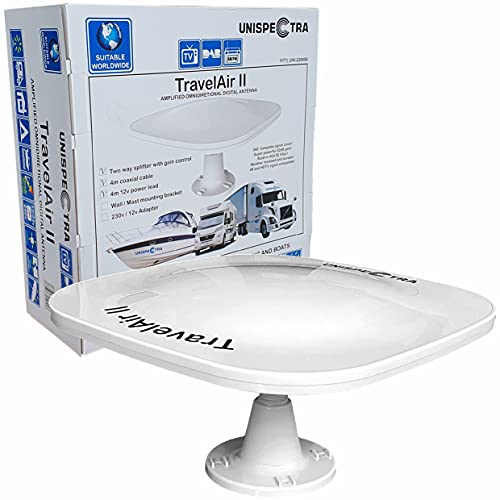 TRAVELAIR-II Antena de TV HD Digital Omnidireccional con 32 dB Incorporado en Amplificador para DVB-T2 TDT FM Dab. 12 V / 24 V. Ideal para Autocaravanas Camiones Caravanas Barcos (Antena)