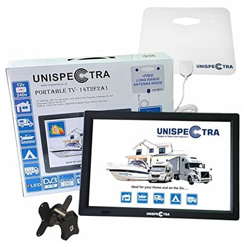 Unispectra® 14” 12V / 230V HD LED TV Digital DVB-T / T2 (TDT) USB PVR y Reproductor Multimedia, FM Tuner, HD-IN, AV In/out. Ideal para Casa, Autocaravana, Barco, Caravana, Camping, Camión (Kit EU)