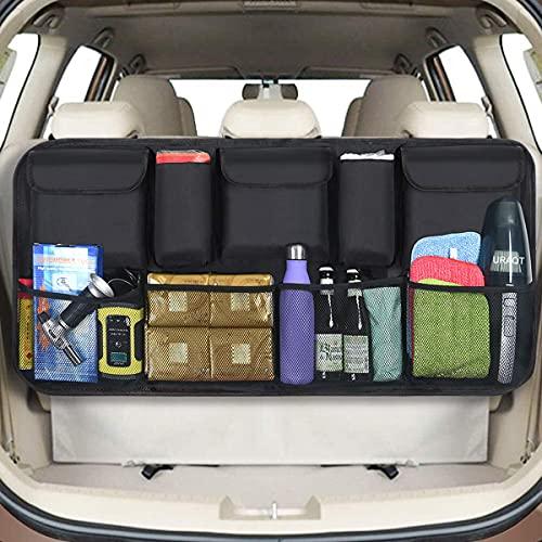 URAQT Organizador Maletero Coche, Bolsas para Maletero del Coche de Malla para Coche con 9 Bolsillos, Correa Ajustable y 3 Cinta de Fijación, Adecuado para SUV, MVP, 52x105cm