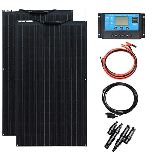 XINPUGUANG Kit de Panel Solar de 200 W, 2 x 100 W 18 V módulo Solar monocristalino Flexible Controlador de Carga de 20 A para Autocaravana, Barco, Tienda, Coche, Remolque, 12 V, Carga de batería