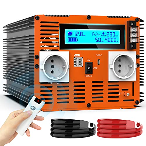 4000w Inversor Onda Pura Convertidor 12v 220v con Mando a Distancia 2 Toma Europea 2 USB y Tipo-C Transformador 12v 230v 4000w Inverter para Coche,Casa Rodante,Acampar