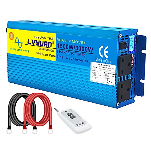 Cantonape Inversor de onda sinusoidal pura de 1500 W, 12 V a 230 V, 240 V, inversor de corriente con pantalla LCD, 2 salidas de CA y control remoto inalámbrico para autocaravanas, hogar, furgonetas