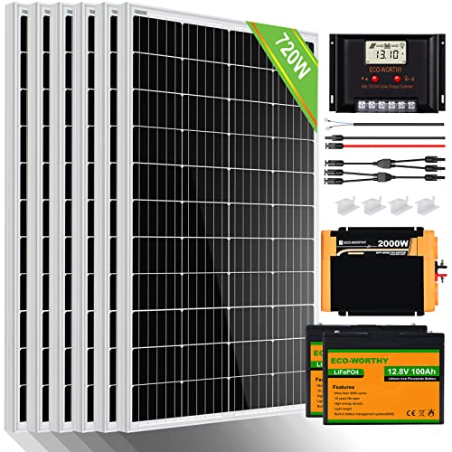 ECO-WORTHY 720W 24V 3KWh Kit Panel Solar con Batería Litio para Autocaravana, Casa: 6 120W Panel Solar, 2 Baterías Litio 100Ah, Inversor de Carga Solar 2000W, Regulador de 60A
