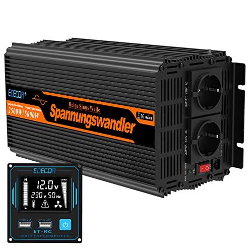 EDECOA inversor 12v 220v Onda Pura 2500w convertidor de Corriente con Mando 2X USB para Autocaravana para Coche Placa Solar Sistema de Aislamiento galvanico (2a generacion)