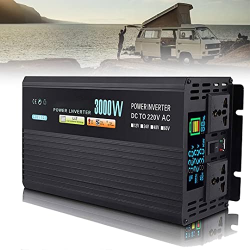 El inversor Mejora la Onda sinusoidal, DC 12v/24v/48v/60v a 220V AC, convertidor de tensión de alimentación con Pantalla LCD y Toma de Corriente AC, Adecuado para autocaravanas,3000w - 48V-220V
