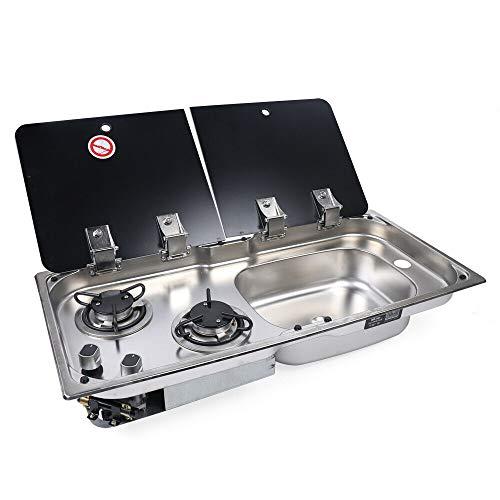 Hornillo de gas de, 2 fuegos, hornillo de camping con tapa de cristal y Faucet portátil, cocina de gas para autocaravana