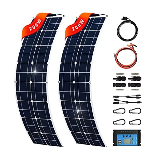 Panel solar flexible de 400 W, 2 paneles solares de 200 W, 12 V – 24 V, adecuado para autocaravana/auto/camping (400 W + accesorios)