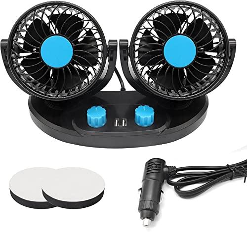 PNGOS Ventilador de coche de 12 V para encendedor de cigarrillos/USB con doble cabezal de control dual de energía eólica para coche, dos modos de velocidad, rotación de 360 grados