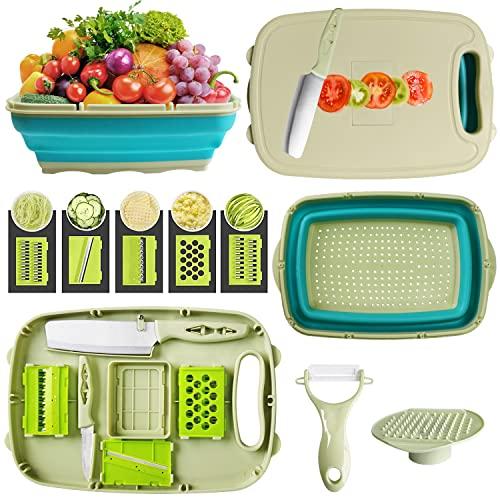 Tabla de Cortar Plegable, 3 in 1 Multifunción Fregadero Camper, Cesta de Drenaje con 5 Piezas Rebanador de Verdura, Accesorios Camper para Cocina Viajes al Aire Libre Camping Senderismo