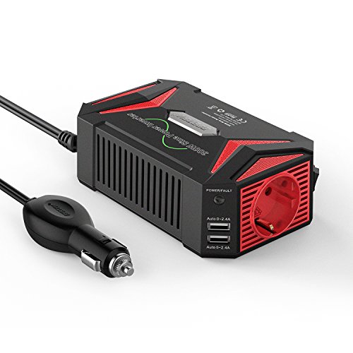BESTEK Inversor 12v a 220v Onda Pura 300W Conversor para Coche Onda Sinusoidal Transformador 12v 220v con 2 Puertos de USB y 1 Toma de AC, Adaptador de Mechero Coche para Portátil, Movíl