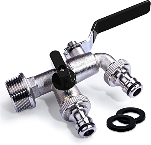 WATERGO Grifo Premium de doble salida 1/2 pulgada negro / Grifo doble de latón con 2 salidas de 3/4 de pulgada + e-Book/ Grifo de exterior a prueba de óxido y heladas para el jardín