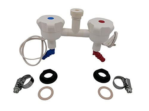 CR-MOESANCO® KIT Grifo NOVO Blanco Mezclador con Doble Entrada y 2 Abrazaderas con Salida a Roca Ducha 1/2 para Caravana,Autocaravana, Camper o Barco (Blanco)
