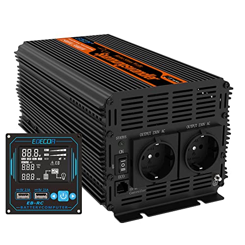 EDECOA inversor 12v 220v Onda Pura 2000w convertidor de Corriente con Mando 2X USB para Autocaravana para Coche Placa Solar Sistema de Aislamiento galvanico (2a generacion) (2000w Mando USB Pro)