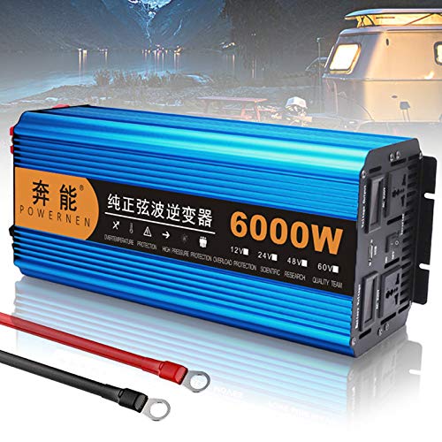 Inversor Onda Pura,Convertidor,Transformador,DC 12V 24V a AC 220V Transformador de Corriente,con enchufes y Puertos USB,para Autocaravana casa,Cámping,6000W-24V