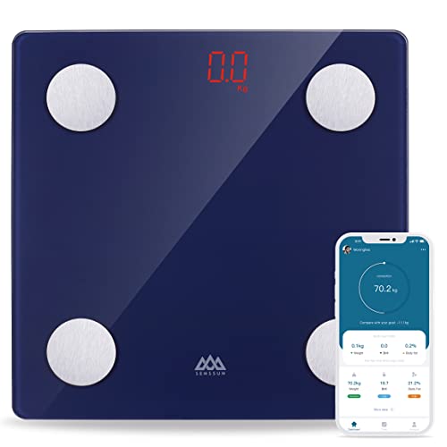 SENSSUN Bascula de Baño Digital Grasa Corporal,Inteligente Báscula Grasa Corporal Bluetooth,Monitores de Composición Corporal, 150kg/330lb 26 * 26cm, Pantalla LED(Azul oscuro)