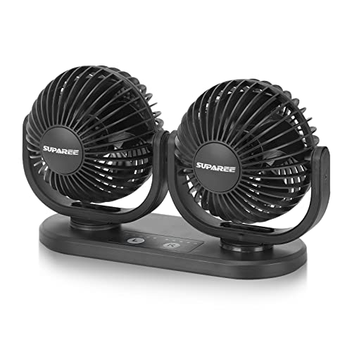 SUPAREE Ventilador Coche 12V Ventilador para Coche Aire Frio Ventilador 12v Mechero 5 Velocidades 360 Giratorio de Doble Cabezas para Verano Perros Pasajeros del Salpicadero Asiento Trasero