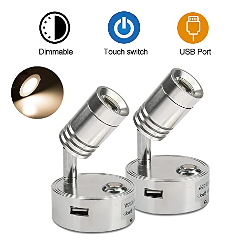 2 Piezas luz de Lectura para Autocaravana, 12V 3W de Acero Inoxidable, Luces de Lectura puntuales para caravanas con Conector USB e Interruptor Regulable táctil para yate, casa y Barco