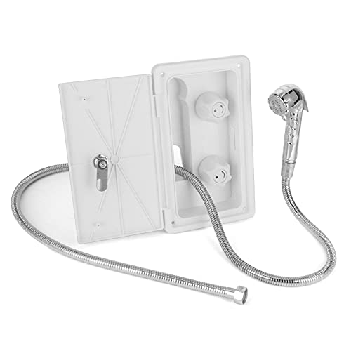 RV Exterior Ducha Box Kit Doble Válvula Calor Frío Contro Con Cabezal De Ducha Interruptor De Agua Caliente Fría Con Manguera De Metal De 1,5m Para Barco Camper Autocaravana Grifo Exterior RV