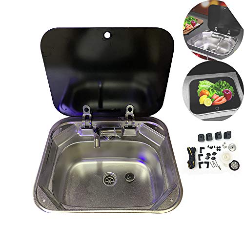 Rv Fregadero Camper Fregadero con Tapa con Grifo Oculto Plegable para Autocaravanas, Remolques de Viaje, Autocaravanas