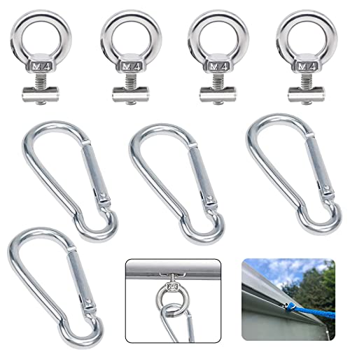 4 Piezas Pernos de Ojo m4 con 4 Mosquetones INOX Tornillo de Ojo Inoxidable Tapones de Riel de Toldo,para Riel Refuerzo Caravana Autocaravana Barco Equipos Elevación