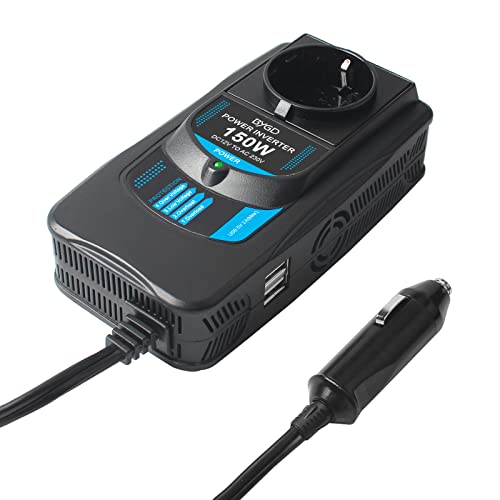 BYGD Inversor de Corriente 150W/300W, Transformador 12V a 230V con 2 Salidas USB, 2 AC Tomas Y Encendedor, Adaptador de Toma de mechero, Convertidor Onda sinusoidal para Phone, Barco, Coche
