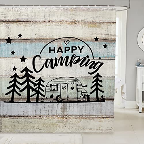 Cortina de baño para caravana, ideal para niños, niñas, adolescentes, autocaravana, cortina de ducha de madera vintage con ganchos, tela impermeable de tela de 59 x 71 pulgadas